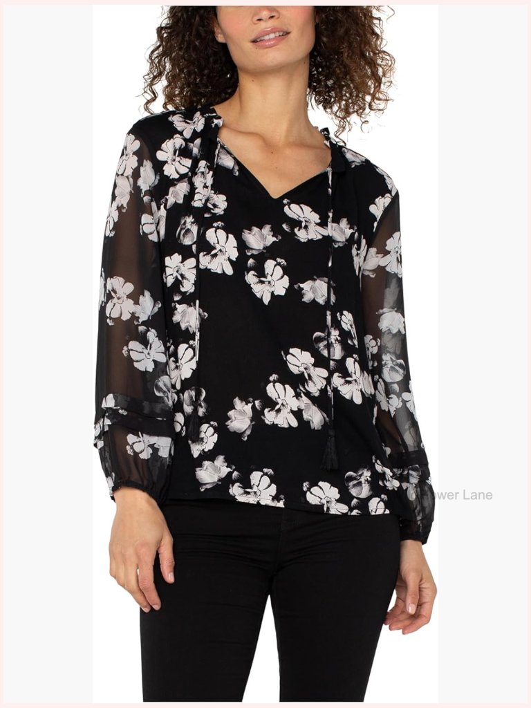 Long Sleeve Popover Blouse With Floral Print, Puffy Sleeves, V-Neck